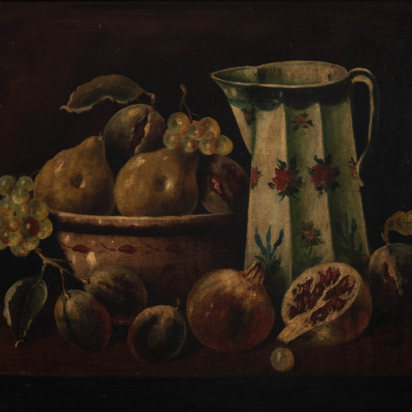 "Bodeg&oacute;n de peras, uvas y jarra de agua"   Escuela Espa&ntilde;ola del siglo XX 