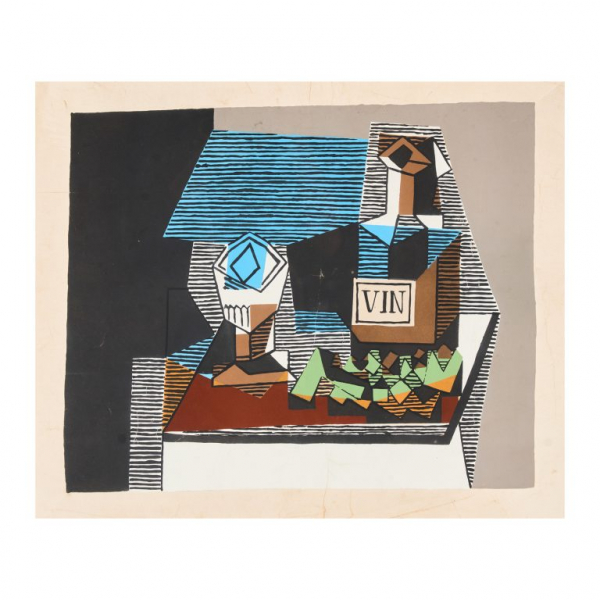 Después de Pablo Ruíz Picasso (Málaga, 1881-Mougins, Francia, 1973)  Nature morte à la bouteille de vin et aux raisins.  Litografía sobre papel. Firmada a lápiz.