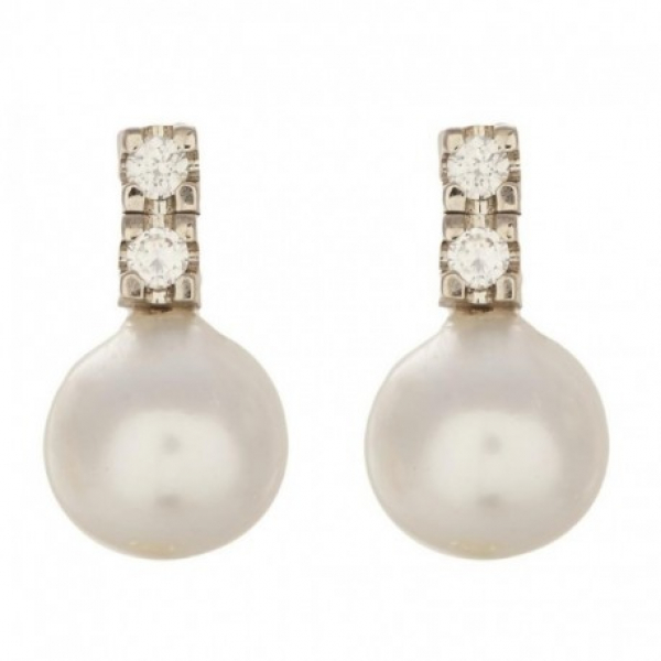 Pendientes en oro blanco con dos diamantes talla brillante engastados en garras y perla cultivada de 9 mm.