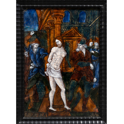 &quot;Flagelación de Cristo&quot; Esmalte Taller de Limoges o Daroca del siglo XVI. 