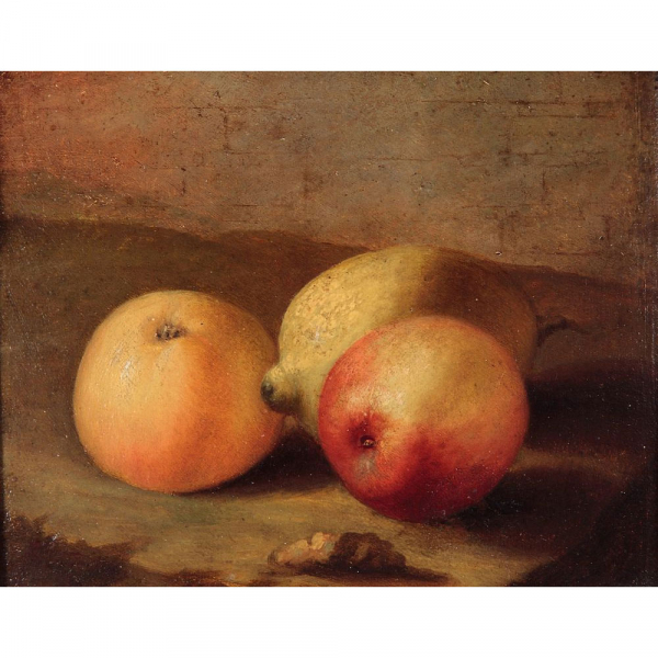 PANFILO NUVOLONE (Cremona, 1581 – Milán, 1651) "Naturaleza muerta con limón y manzanas".    Óleo sobre pizarra.