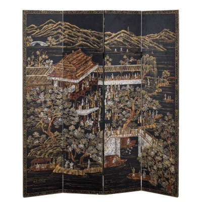 Biombo chino con Palacios y Paisajes S. XIX.   Con cuatro hojas realizado en madera, papier mach&eacute; y lienzo.