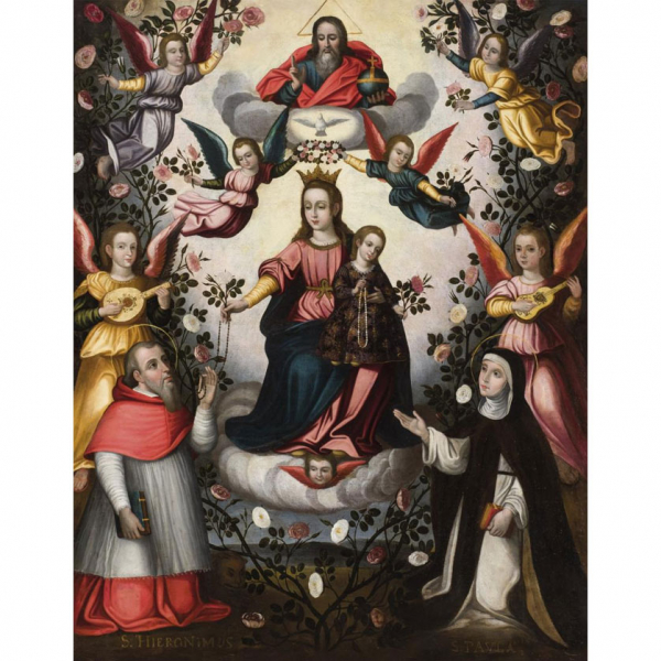 Escuela Virreinal S. XVII.   "San Jerónimo y Santa Paula". Óleo sobre lienzo.