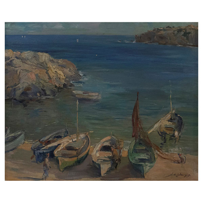 Alexandre de Cabanyes Marquès (Barcelona, 1877-1972) Barcas en la playa. Óleo sobre tela.