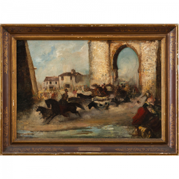 &quot;Garrochistas con toros&quot; A LA MANERA DE EUGENIO LUCAS VILLAMIL, FINALES DEL SIGLO XIX. 