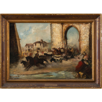 &quot;Garrochistas con toros&quot; A LA MANERA DE EUGENIO LUCAS VILLAMIL, FINALES DEL SIGLO XIX. 
