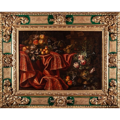 Carlo Manieri (activo en Roma 1662 - 1700) &quot;Bodegón con frutas, flores y tapiz bordado&quot;