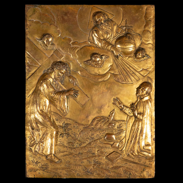 "La Visi&oacute;n de San Ignacio de Loyola" placa de bronce dorado. ESCUELA RENACENTISTA DEL ESCORIAL DEL SIGLO XVI, a la manera de Juan de Arfe​, ATRIBU&Iacute;DO AL TALLER DE LOS LEONI (LEONE Y POMPEO).