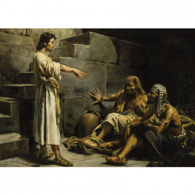 Antonio Fabres y Costa. &quot;José interpretando los sueños del copero y el panadero del faraón&quot;. Óleo sobre lienzo. Firmado en el ángulo inferior izquierdo.