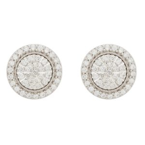 Pendientes circulares en oro blanco con rosetón central y orla de diamantes talla brillante.