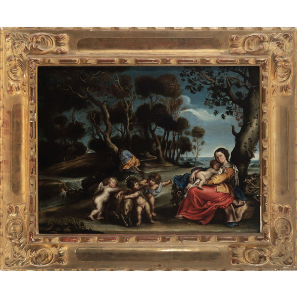 Escuela flamenca del siglo XVII. Seguidor de Pedro Pablo Rubens "Descanso en la huida a Egipto" Óleo sobre lienzo.