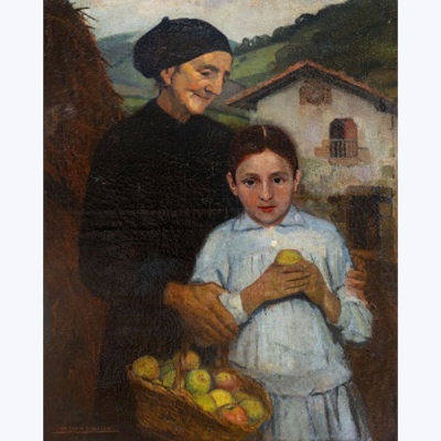 VALENTÍN DE ZUBIAURRE AGUIRREZABAL  (Madrid 1879 - 1963) &quot;Amama y niña con cesta de manzanas, paisaje y caserío&quot;