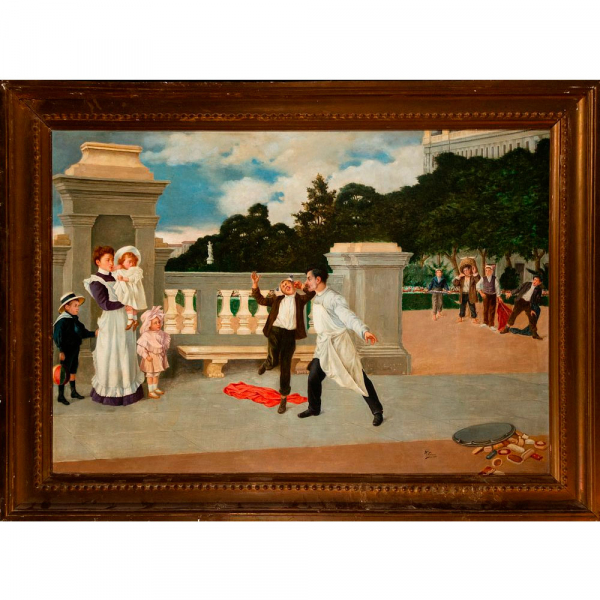 "La rega&ntilde;ina" firmado por Lizcano, Escuela Espa&ntilde;ola del siglo XIX-XX.   &Oacute;leo sobre lienzo