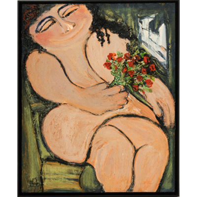 TERESA  AHEDO CHÁVARRI   (Carranza, Vizcaya 1941)  &quot;Desnudo femenino con ramo de flores&quot;   