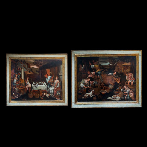 Seguidor de FRANCESCO BASSANO EL JOVEN "Pareja de alegorías de los meses del año Julio (Leo), Septiembre (Libra)" Siglo XVII.   