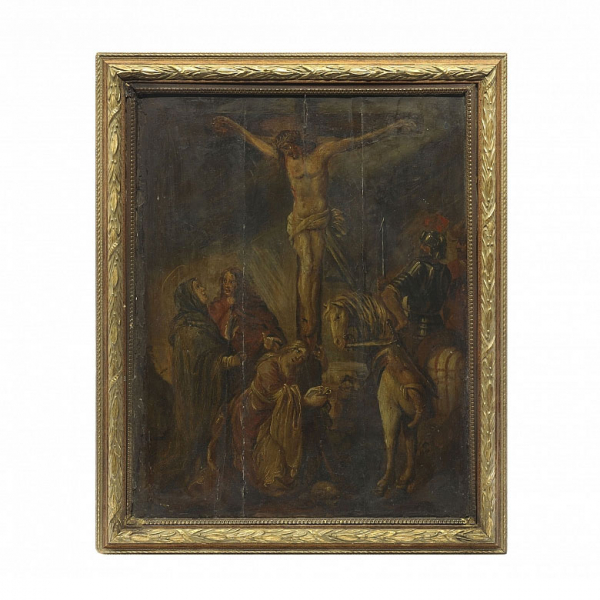 Anónimo, s.XVII "Cristo crucificado en el calvario".    Óleo sobre tabla 