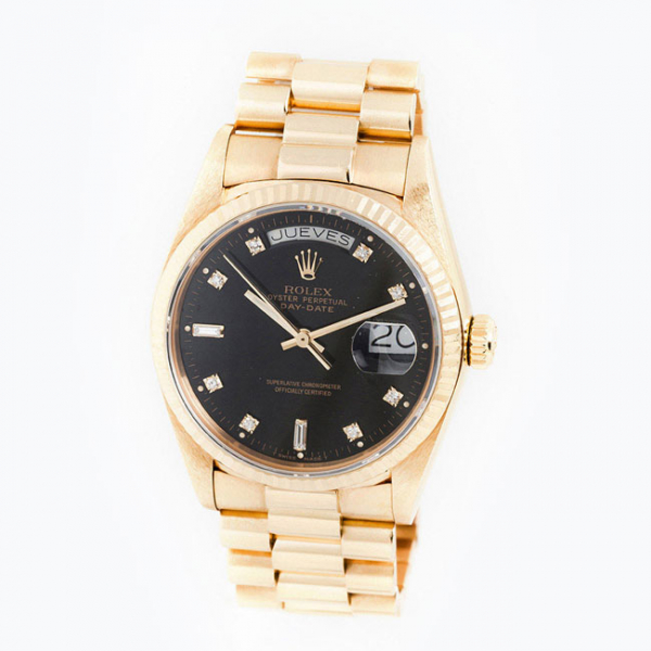 Reloj cab., suizo ROLEX Oyster Perpetual Day Date ref 18038 brazaleteo original 'President' en oro amarillo 18 K 