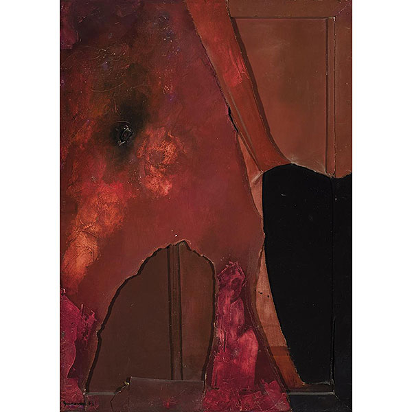 Josep Guinovart Bertrán.   "Tauromaquia (1963)". Técnica mixta (madera, óleo y lienzo) sobre tabla. Firmada 