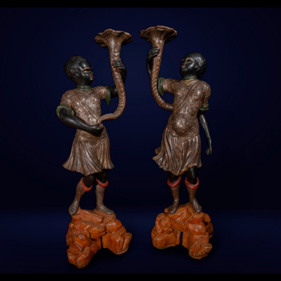 Grande e Original Pareja Torcheros de &quot;Morettos&quot; Venecianos de mediados del siglo XIX.