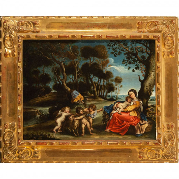 Importante "Descanso en la Huída a Egipto", Escuela Sevillana de Alonso Miguel de Tovar o posiblemente italiana de Emilia, siglo XVIII.