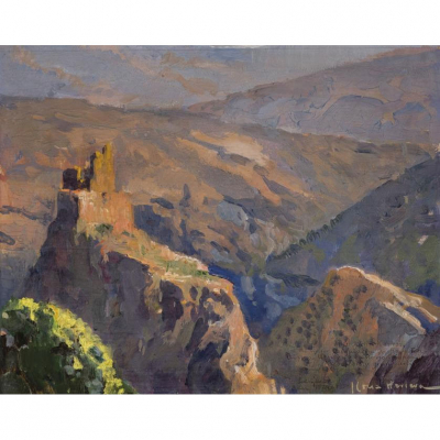 José Cruz Herrera.   &quot;Castillo de Lanjarón&quot;. Óleo sobre tabla. Firmado en el ángulo inferior derecho.