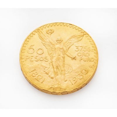 Moneda de 50 pesos mejicanos en oro amarillo. Año 1821-1930.