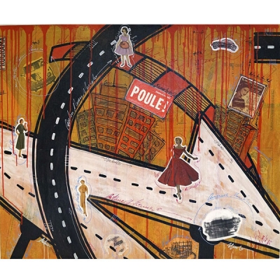 Víctor Mora – Poule – Acrílico, Collage, tintas sobre tela
