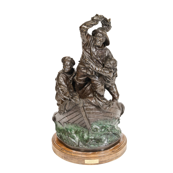 Escuela europea, s.XX. Naufragio. Grupo escutórico en bronce patinado sobre peana en madera.
