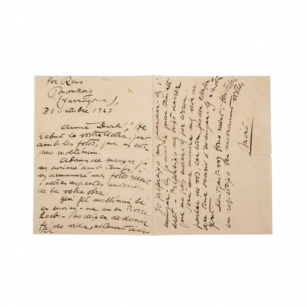 JOAN MIRÓ - CARTA AUTÓGRAFA DE JOAN MIRÓ A SALVADOR DALÍ, enviada desde Montroig, fechada el 31 de octubre de 1927.