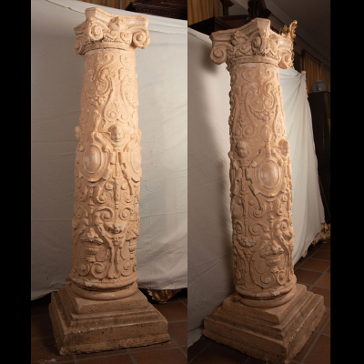 Pareja de columnas de estilo Plateresco en piedra arenisca, escuela española del siglo XIX. 