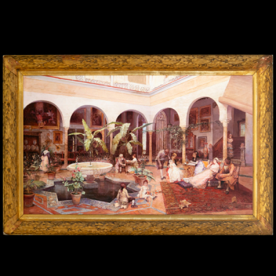 Jiménez Aranda (Sevilla, 7 de febrero de 1837-Sevilla, 6 de mayo de 1903) , firmado, Interior de patio con personajes, escuela sevillana, siglo XIX.