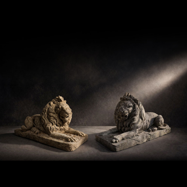 Pareja de leones en piedra de Vicenza tallados en bloque único, Italia, siglo XIX. 