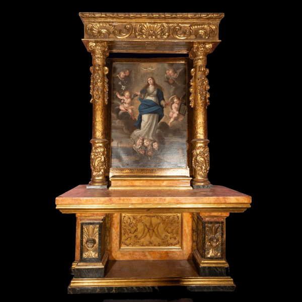 Retablo completo con cuadro central de la "Virgen Purísima y angelitos "del siglo XVIII. 