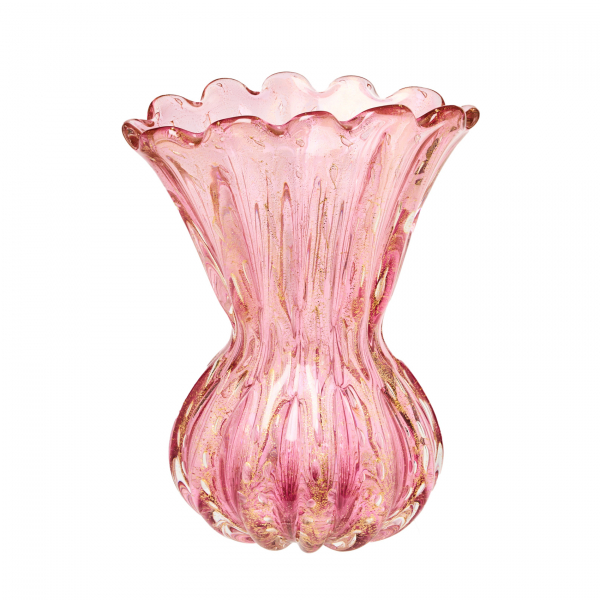 Ercole Barovier (Murano, Italia, 1889-1974) para la manufactura Barovier & Toso (Murano, Venecia, 1295).  Jarrón en cristal de Murano acanalado y «bullicante» de boca polilobulada en tonalidad rosada con decoración «cordonato d’oro», c.1950.