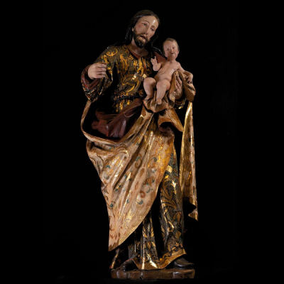 "San Jos&eacute; con Ni&ntilde;o" en talla, trabajo colonial Novohispano de finales del siglo XVII. 