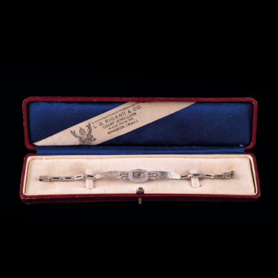 Reloj-joya para se&ntilde;ora realizado en platino con diamantes y armyx de plata.  