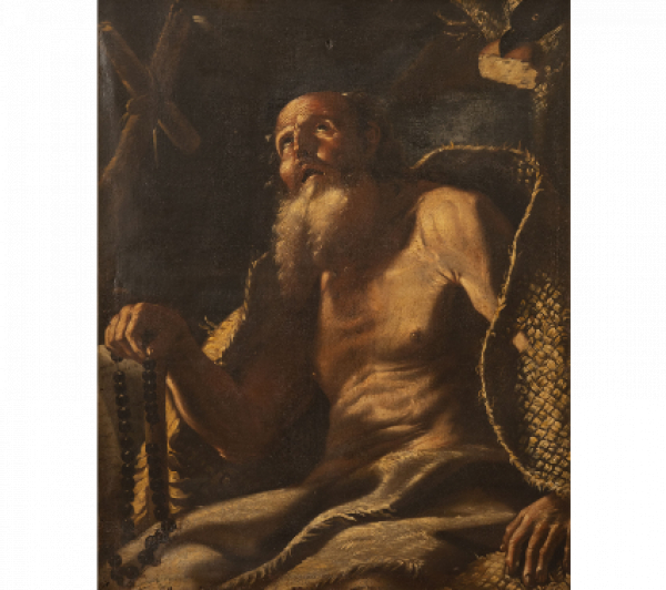 ESCUELA NAPOLITANA, H. 1670 San Pablo ermitaño  Óleo sobre lienzo. 116 x 94 cm. Con marco antiguo en madera tallada y dorada.