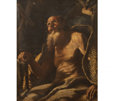 ESCUELA NAPOLITANA, H. 1670 San Pablo ermitaño  Óleo sobre lienzo. 116 x 94 cm. Con marco antiguo en madera tallada y dorada.