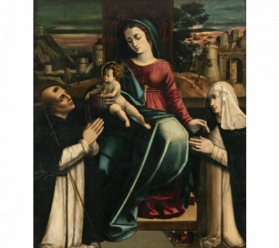 ESCUELA TOLEDANA, SEGUNDA MITADA SIGLO XVI Virgen con Niño Santo Domingo y Santa Catalina de Siena