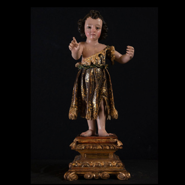 Importante San Juanito en madera tallada y dorada, escuela sevillana del siglo XVII.