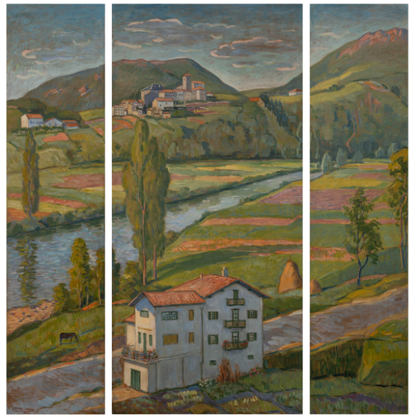 "Paisaje de Biriatou y el r&iacute;o Bidasoa" GASPAR MONTES ITURRIOZ (Ir&uacute;n, 1901 -1998) &Oacute;leo/Tabla