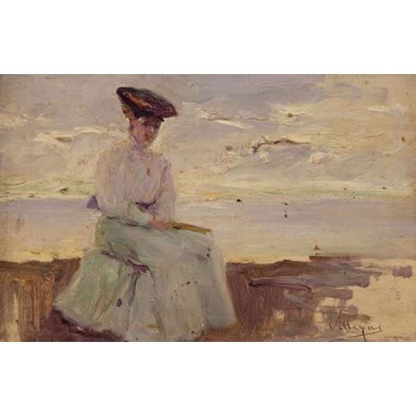 JOSÉ  VILLEGAS Y CORDERO  (Sevilla 1844 - Madrid 1921) &quot;Dama sentada con sombrero en la costa&quot;