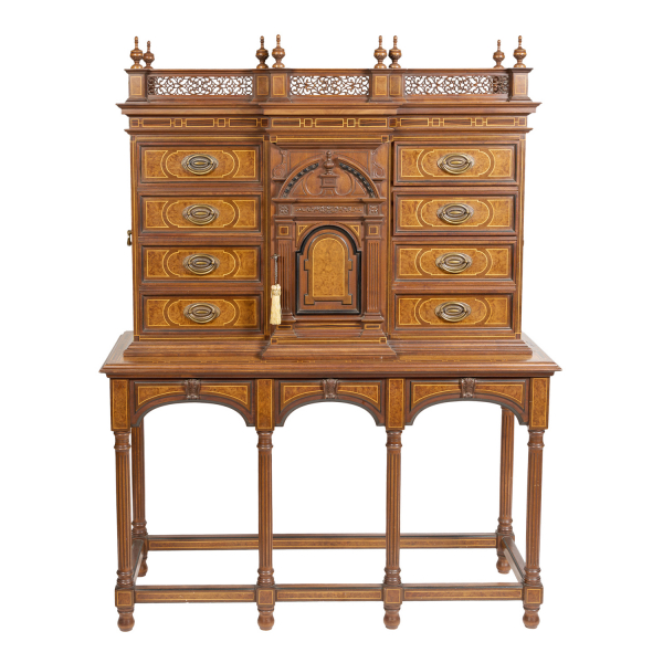 Bargueño español en madera de nogal y raíz de nogal con fileteado en limoncillo, s.XX.