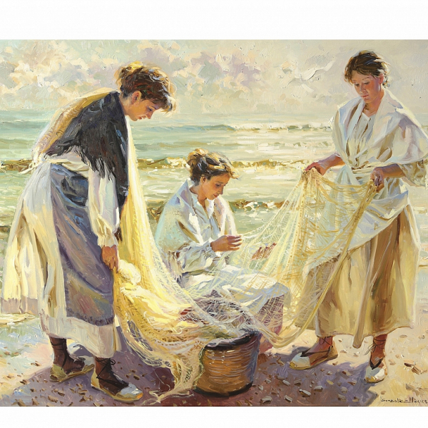 Juan González Alacreu (1937) &quot;Tejedoras&quot;.  Óleo sobre lienzo. Firmado &quot;Gonzalez Alacreu&quot; en la esquina inferior derecha.
