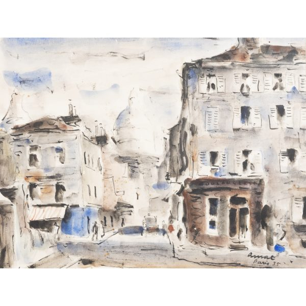 Josep Amat Pagès (Barcelona, 1901-1991)  Calle de París.  Acuarela sobre papel. Firmado 