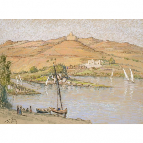 Mohammed Sabry.  "El Nilo a su paso por Asuan". Dibujo a pastel sobre papel.  Firmado