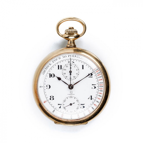Reloj cronógrafo médico suizo, tipo lepine, OMEGA, en sólida caja de oro amarillo 18 K, 50 mm