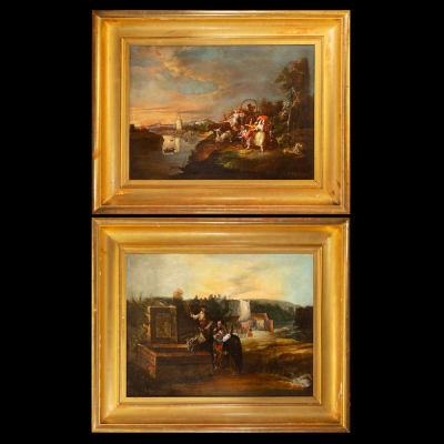Espectacular Pareja de &quot;Escenas costumbristas Andaluzas&quot;de Manuel Rodríguez de Guzmán, siglo XIX. Óleo sobre lienzo.
