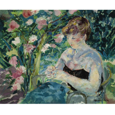 Emilio Grau Sala. Mujer cosiendo en el jardín