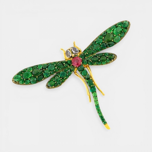 Broche con esmeraldas naturales zafiros naturales turmalina y diamantes talla rosa